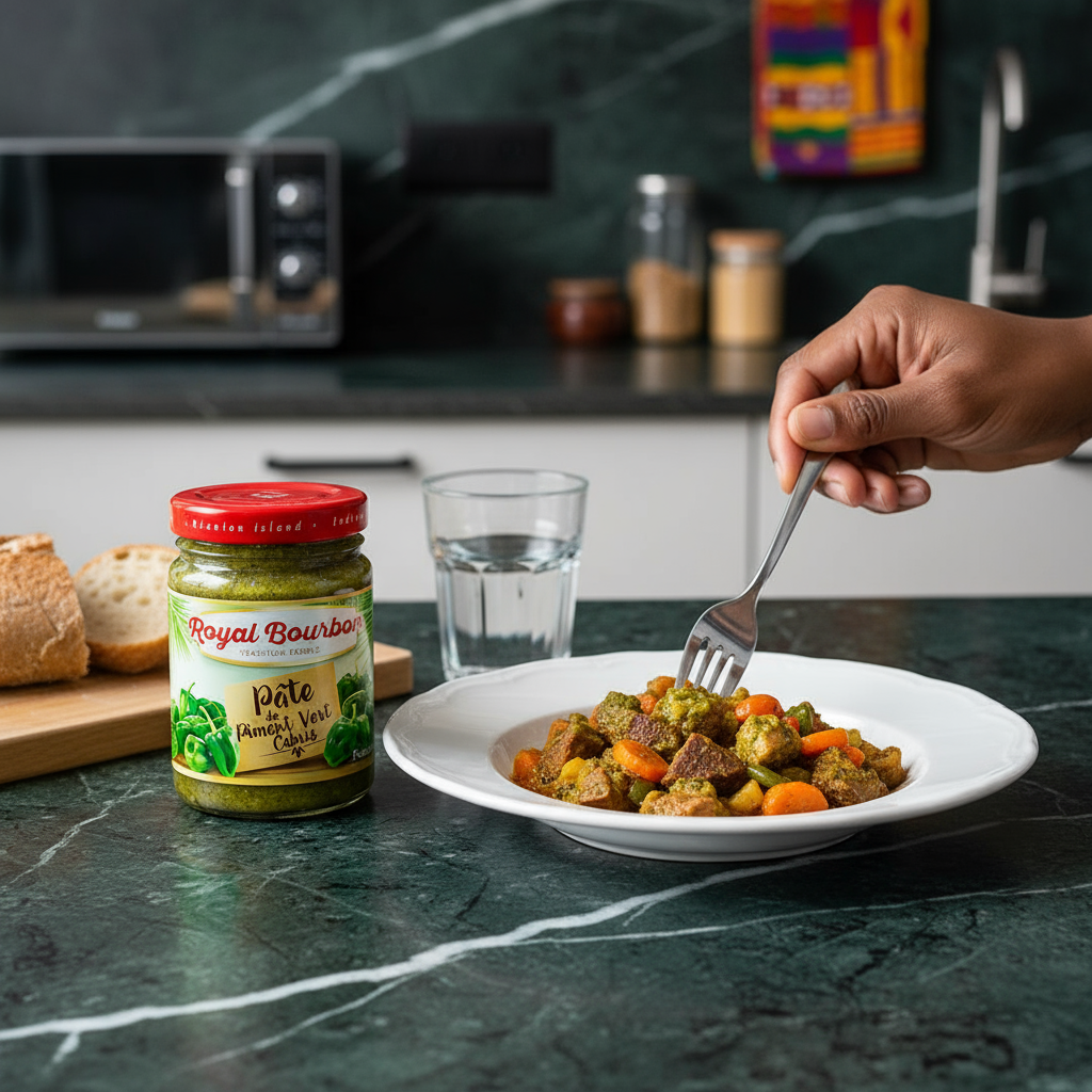 Pot de pâte de piment cabris vert Royal Bourbon posé à côté d’un plat cuisiné, parfait pour relever les repas avec un goût épicé et équilibré.